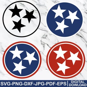 May include: Four circular designs featuring the Tennessee state flag emblem. The designs include black stars on a white background, white stars on a blue background, and white stars on red and blue backgrounds. The text "SVG-PNG-DXF-JPG-PDF-EPS" is at the bottom.