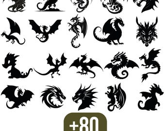 Drachen SVG Bundle, Drachen SVG, Mittelalterliches Design, Feuerdrache SVG, Hexerei SVG, Png, SVG-Dateien für Cricut, Silhouette, fliegende Drachen