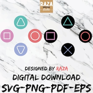 Könnte beinhalten: Ein digitales Design mit farbigen Spielcontroller-Knopf-Symbolen: Dreieck, Quadrat, Kreis und Kreuz. Das Design enthält den Text "RAZA DIGITAL STUDIO" und "DIGITAL DOWNLOAD SVG-PNG-PDF-EPS" auf einem Marmorhintergrund.