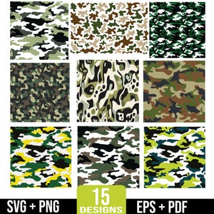 May include: Nine different camouflage patterns in various color schemes, including green, brown, black, and white. The designs are abstract and feature irregular shapes. The image also includes the text "15 DESIGNS" in a green box, along with "SVG + PNG" and "EPS + PDF".