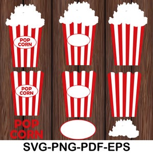 May include: A collection of red and white striped popcorn containers with white popcorn and text that reads "POP CORN". The image also includes the text "SVG-PNG-PDF-EPS".