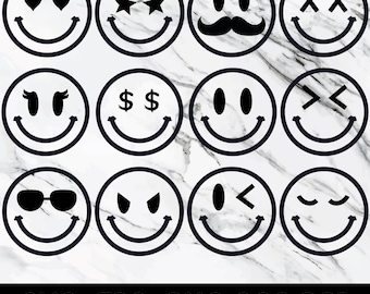 Paquete de SVG de caras sonrientes, SVG de caras sonrientes, SVG de emoticono, archivo de corte de cara sonriente, emoji lindo SVG PNG EPS descarga digital, descarga instantánea
