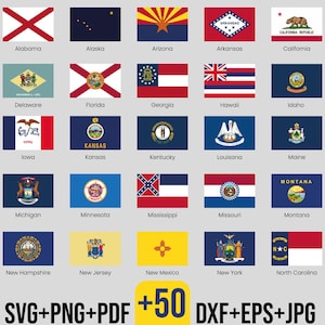 Może przedstawiać: Siatka flag stanowych, w tym Alabama, Alaska, Arizona, Arkansas i Kalifornia. Każda flaga ma unikalne wzory i kolory. Obraz zawiera również tekst "SVG+PNG+PDF +50 DXF+EPS+JPG".