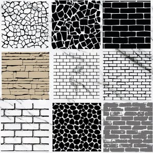 Pode incluir: Nove ladrilhos quadrados com vários padrões de pedra e tijolo. Os padrões incluem formas irregulares em preto e branco, tijolo preto e branco, tijolo bege, tijolo branco, seixos pretos e desenhos de tijolo cinza.