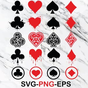 May include: A collection of playing card suit symbols in black and red, including clubs, hearts, spades, and diamonds. The designs vary, with some having splatter effects, decorative patterns, and dripping paint. The text "SVG-PNG-EPS" is at the bottom.