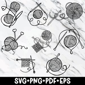 Puede incluir: Ilustraciones en blanco y negro de elementos de tejido y ganchillo, incluyendo ovillos de lana, agujas y ganchos. El texto "SVG+PNG+PDF+EPS" se encuentra en la parte inferior de la imagen, indicando formatos de archivo digital.