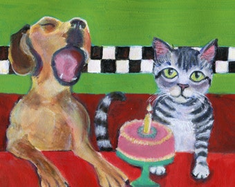 Blow out the candle! Birthday art card featuring a dog and a cat,  blank inside