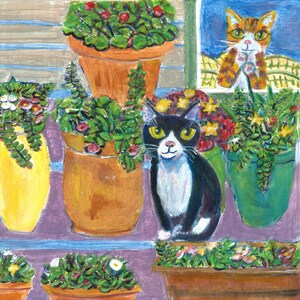 Cat art card, &quot;Watching the Tuxedo&quot;, 5&quot; x 5&quot; blank greeting card, sweet cat with flowers