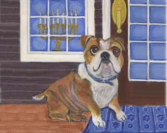 Hanukkah Bulldog art "Festival of Light", 5" x 5" blank card, Hanukkah card, holiday card, chanukkah card