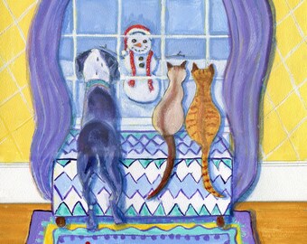 Holiday card, "Snowman watching", blank inside. Winter card, Christmas card, New Year's  card