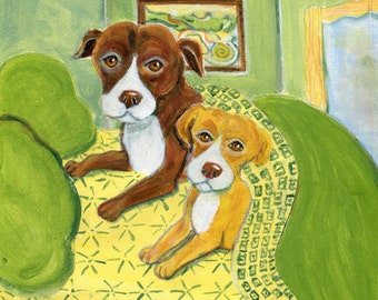 Dog art, "Bed buddies"," 5" x 5" blank card