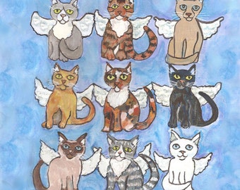 Cat angels art,  5" x 5" blank card