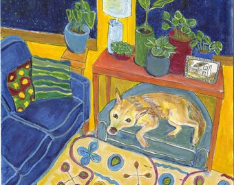 Dog art card, "Dosie on a dog bed on a snowy night" , 5" x 5" blank card, greeting card, houseplants