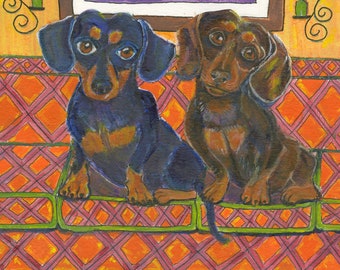 Dog art greeting card, Two Dachshunds on an orange couch, 5" x 5" blank card, wiener dogs, snail mail, low rider dogs,