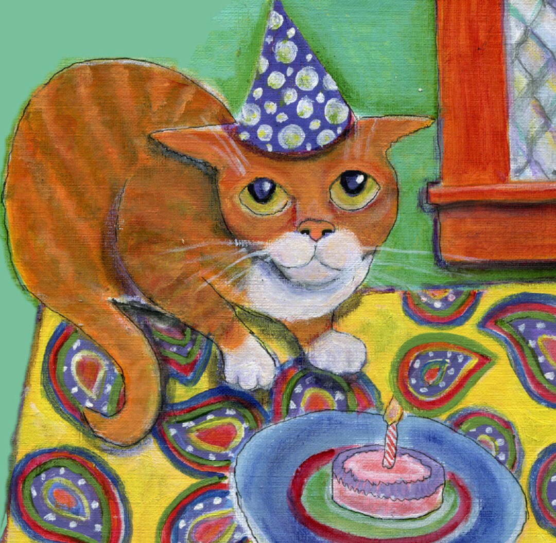 Birthday Card With Orange Cat, Cat Art Card, 5" X 5" Blank Card - Etsy