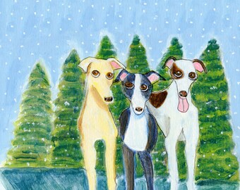 Greyhound art Holiday card, "Greyt snow", blank inside, holiday dog art  Christmas card, solstice card, Winter card