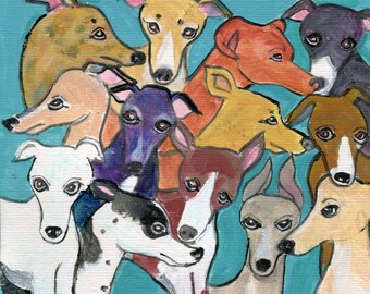 Greyhound Art Card: "Greyhounds on Turquoise" Greeting / Note Card. Blank inside.