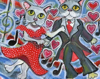 Valentine's day card, Love card, Dancing cat art card,   5" x 5" blank card, blue