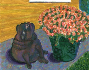 Pug card, black pug. "the neighbor's gift," black pug smelling flowers, 5" x 5" blank dog art card