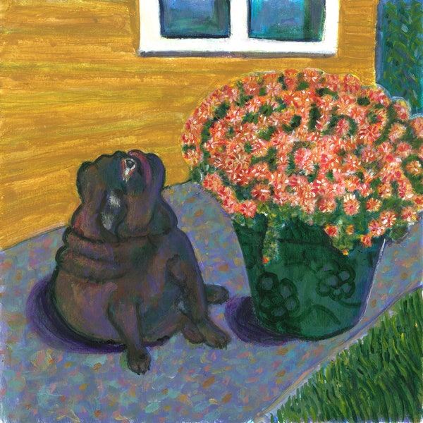 Pug card, black pug. "the neighbor's gift," black pug smelling flowers, 5" x 5" blank dog art card