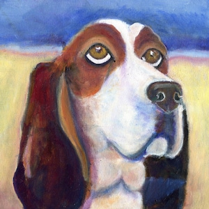 Basset Hound dog art card,  5&quot; x 5&quot; blank card