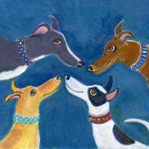 Greyhound art card, &quot;Four Friends&quot; , 5&quot; x 5&quot; blank card