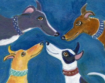 Greyhound Art Card: "Four Friends" Blank Note Card (5x5)