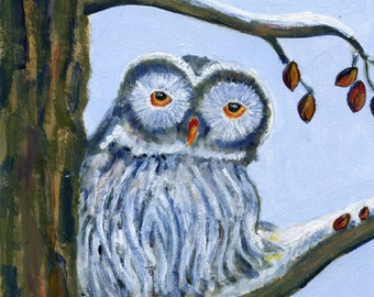 Winter owl art card, blank inside, Christmas, Solstice,