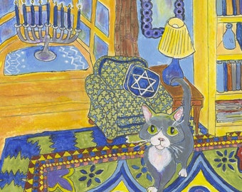 Hanukkah card featuring gray tuxedo cat, "Gray Tuxedo at Hanukkah", blank inside, holiday cat art, chanukah, hanukkah, festival of lights