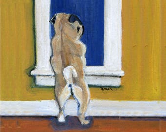 Pug card art, featuring   fawn pug at window