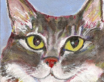 Grey Tabby Cat Outsider Folk Art Print by Todd Young NIGHT SONG - Etsy