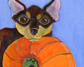 Chihuahua art card, autumn themed. Chihuahua with a pumpkin, greeting card, blank inside