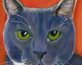 cat art, grey tuxedo kitty, blank 5" x 5" card, cat painting,