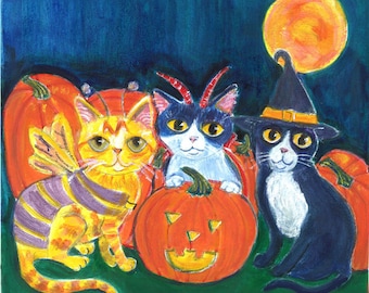 Cats in Costumes Halloween Card: Witch, Demon, Butterfly Art