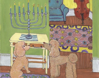 Hanukkah card featuring three poodles/labrodoodles, "Poodles celebrate Hanukkah", blank inside, holiday poodle art, chanukah, hanukkah