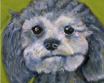 May include: A painting of a small, gray dog with a white face. The dog has big, dark eyes and a sad expression. The background is a solid green.