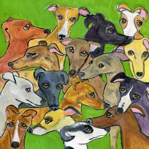 Greyhound art card featuring Greyhounds on Green , 5&quot; x 5&quot; blank greeting card, dog art