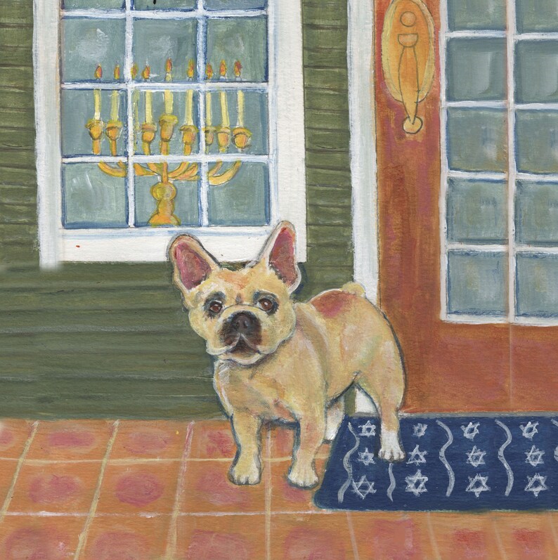 Hanukkah Frenchie art Festival of Light, 5 x 5 blank card, Hanukkah card, holiday card, chanukkah card, french bull dog, jewish image 1