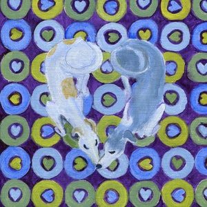 Greyhound art card, &quot;Greyhound on geometric hearts&quot; , 5&quot; x 5&quot; blank card