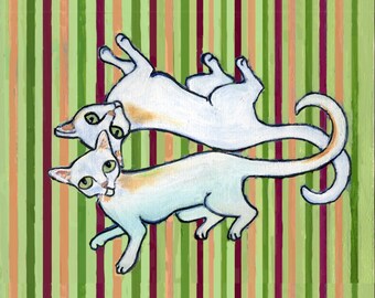 Cat art greeting card, cats on stripes, blank inside