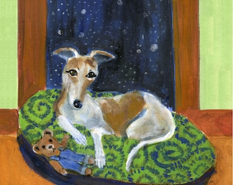 Greyhound art card, "Greyhound on green bed at window" , 5" x 5" blank card
