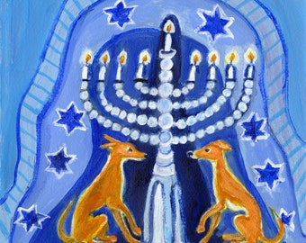 Greyhound art card for the holidays: Hanukkah card, "Hanukkah Greyhounds", blank inside, holiday dog art