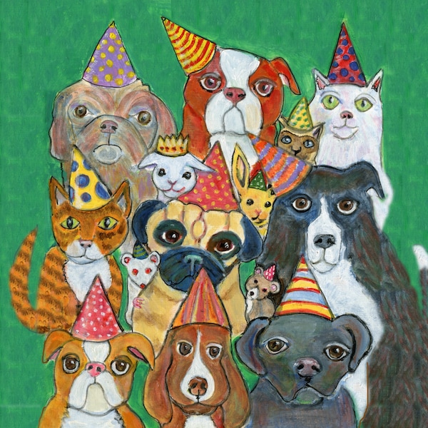 Birthday art card featuring Dogs and Cats in Birthday Hats, greeting card, blank inside