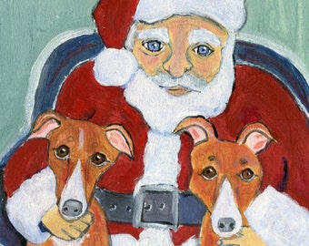 Greyhound art Holiday card, "Greyhounds and Santa", blank inside, holiday dog art