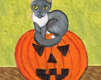 Cat art card, Halloween art. Gray cat with Jack o Lantern, greeting card, blank inside, blank card, halloween card