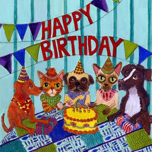 Birthday art card featuring Dogs and Cats under a birthday banner, greeting card, blank inside