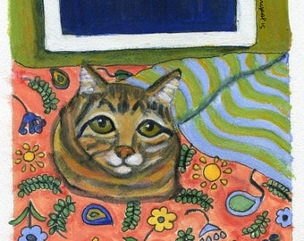 Cat art card, "Night time", brown tabby cat at night, blank greeting card