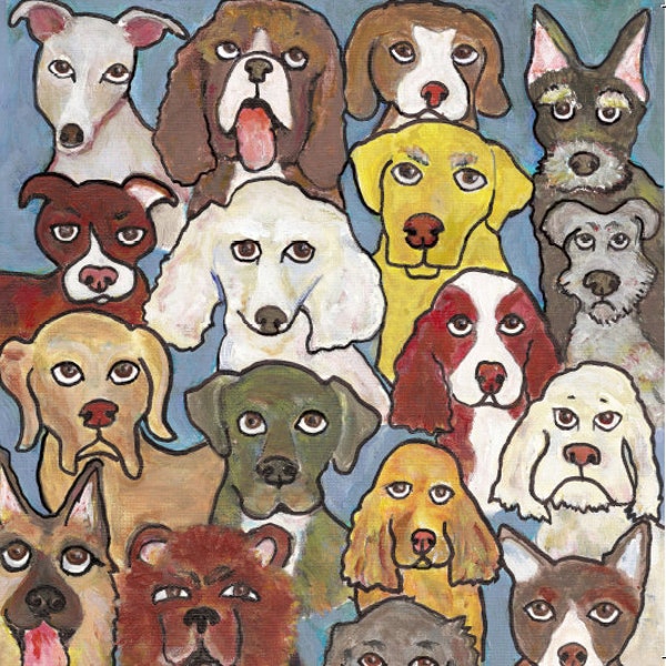 Dog art card, "Going to dogs", blank greeting card