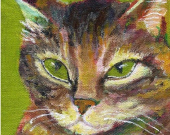 Cat art card, "Gracie in Green", 5" x 5" blank greeting card