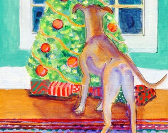 Greyhound art Holiday card, "Greyt tree", blank inside, holiday dog art, Christmas card